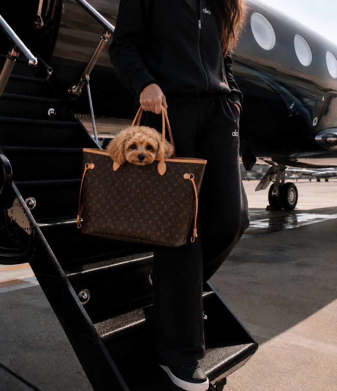 Guest ascending the airstair onto a private jet