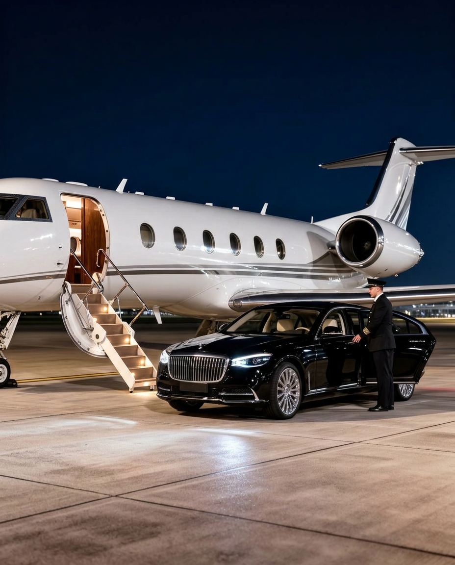 Chauffeured sedan beside a private jet at night